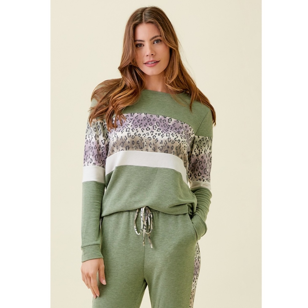 Mystree Green Leopard Print Color Block jogger Set